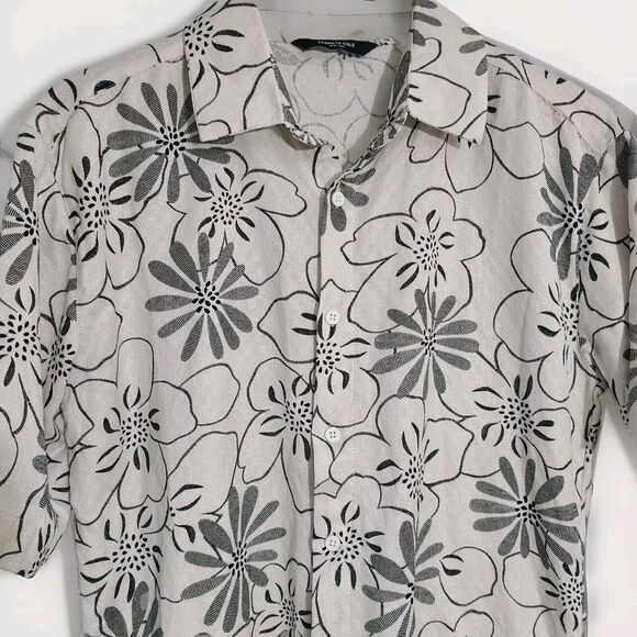 Kenneth Cole New York Men's Short Sleeve Button Up Black Gray Floral Tropical XL - Picture 2 of 9